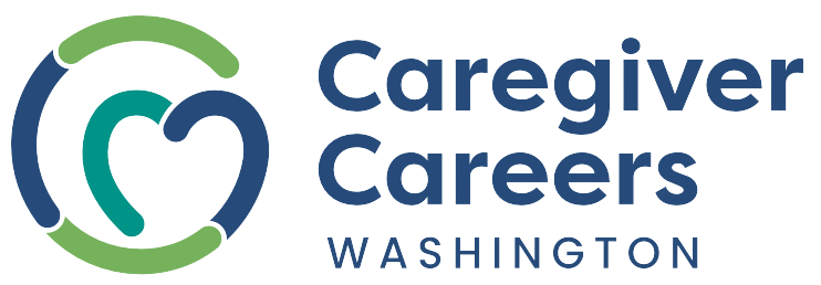 Logo for Caregiver Careers Washington with circular green, teal, and blue design forming a heart.
