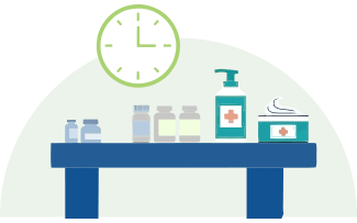 Medications on a table with a clock.