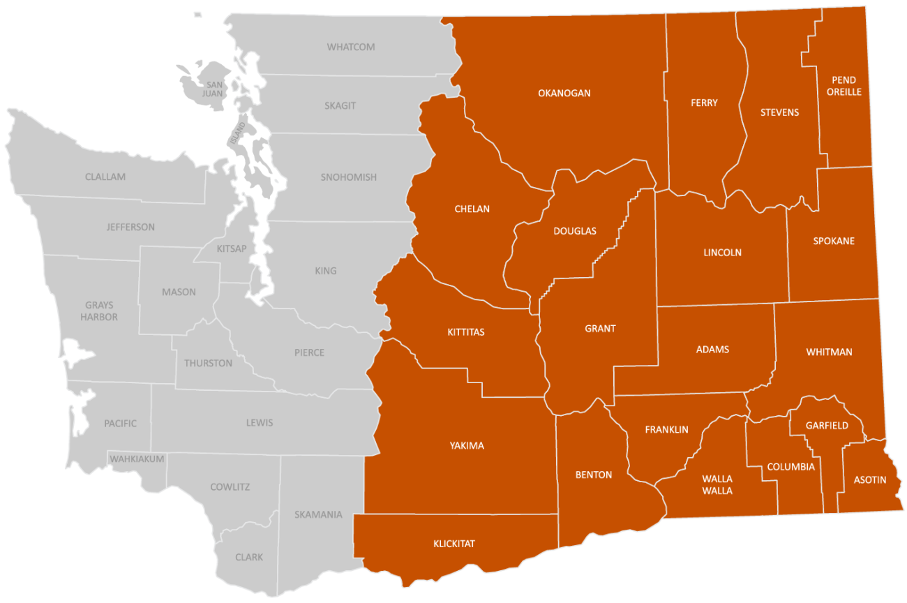 map of Washington state eastern counties in orange.
