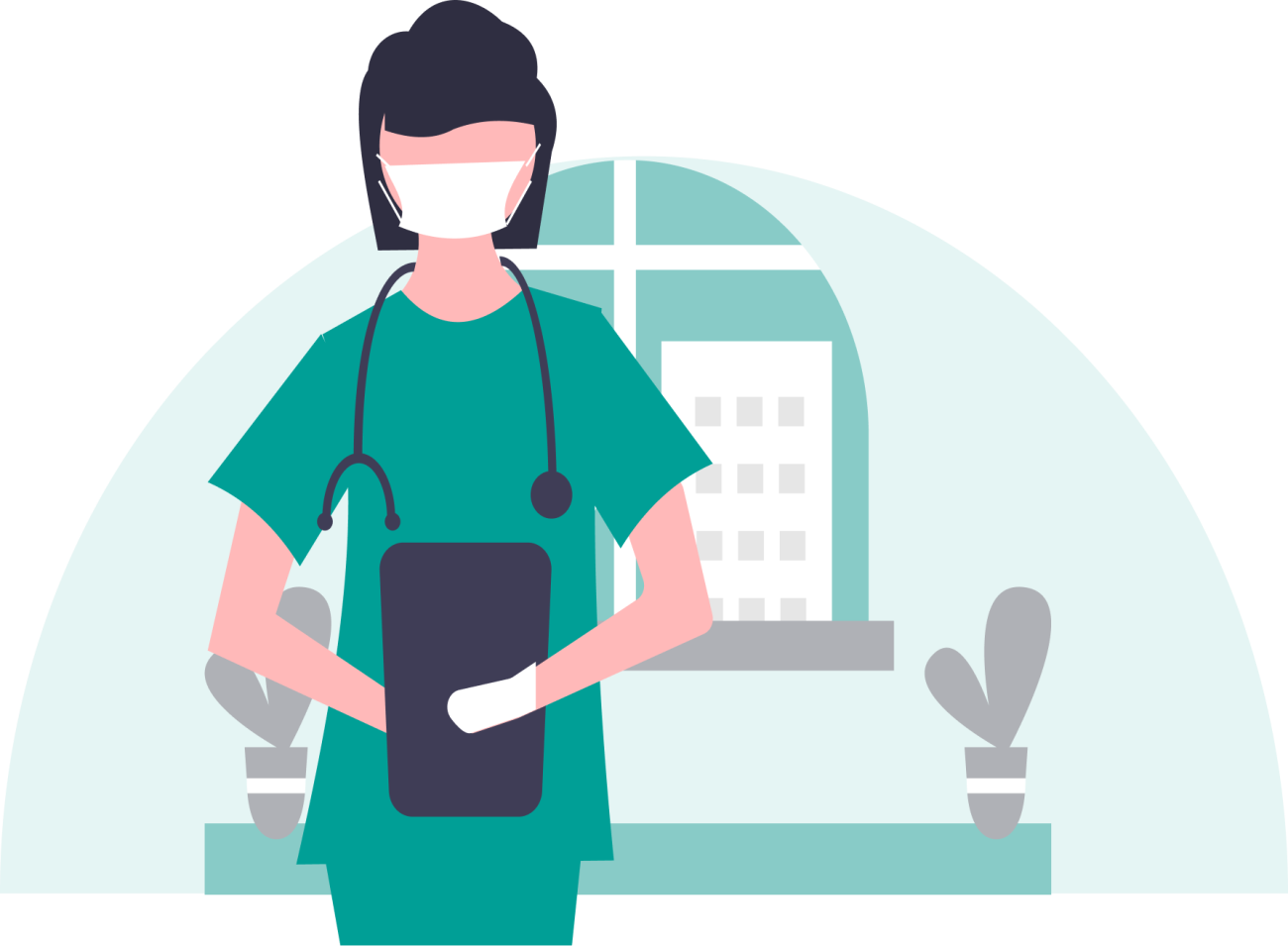 illustration of a caregiver in scrubs with a mask on.