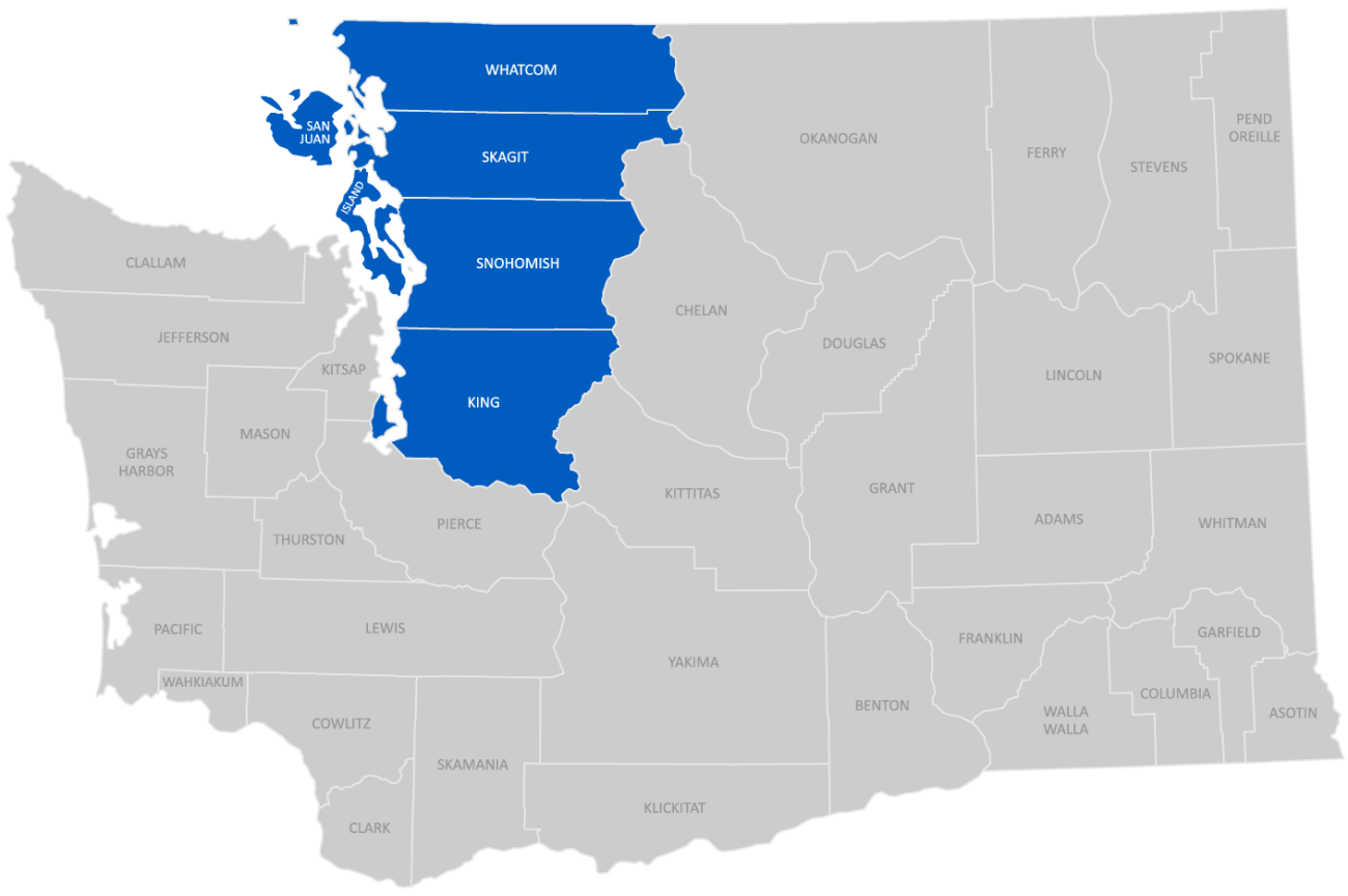 Map of Washington state with North West counties in blue.
