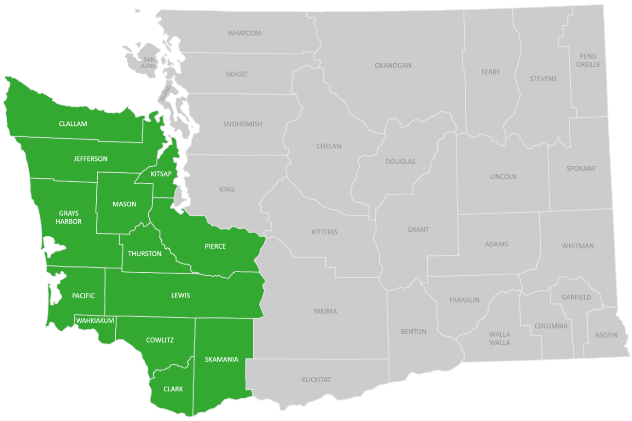 Map of Washington state with south west counties in green.