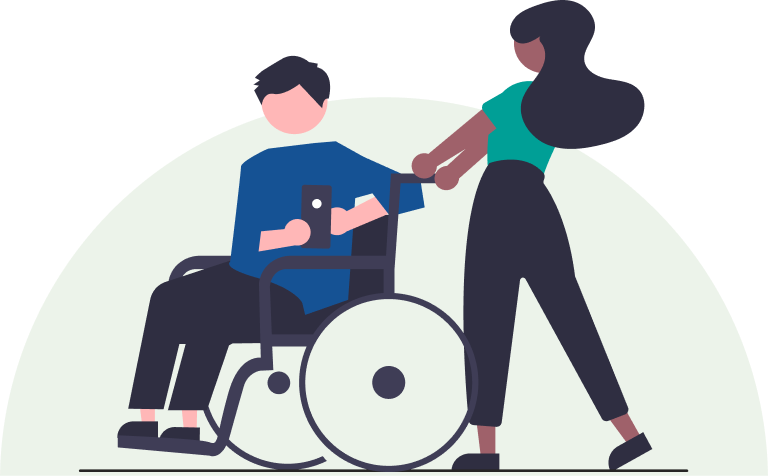 Caregiver pushing a wheelchair with someone in it.