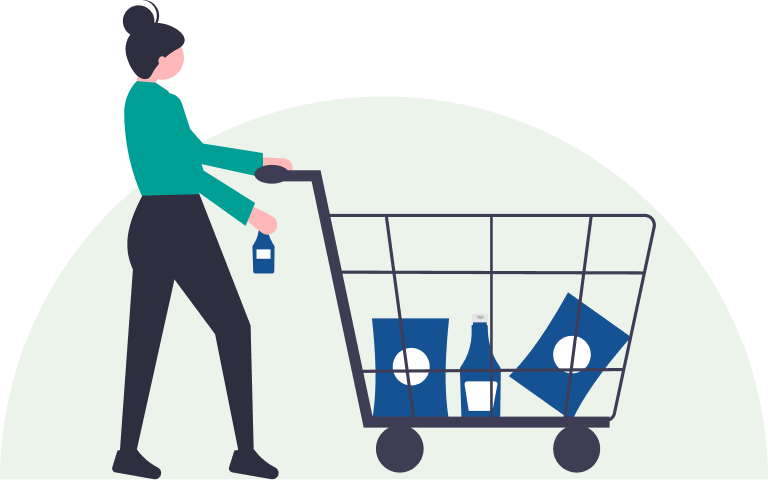 person shopping pushing a cart with items in it.