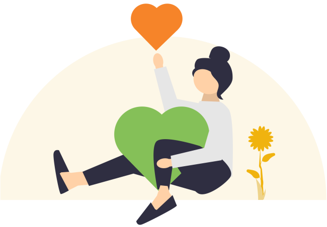 illustration of woman sitting holding blue hearts