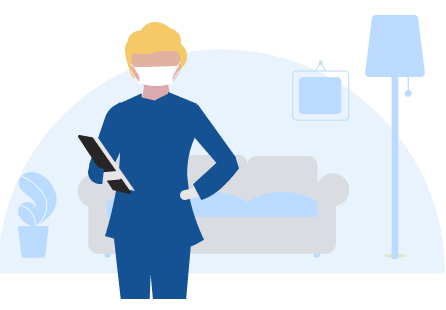 illustration of a person in a mask, holding a clipboard in front of a living room