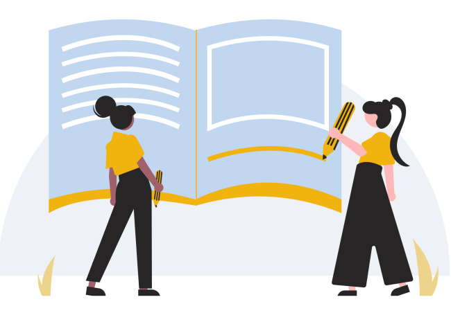 illustration of two women standing in front of a large book