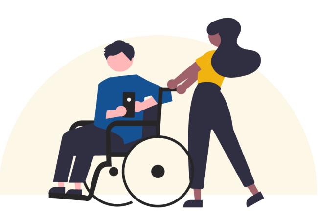 illustration of person pushing another person in a wheelchair.