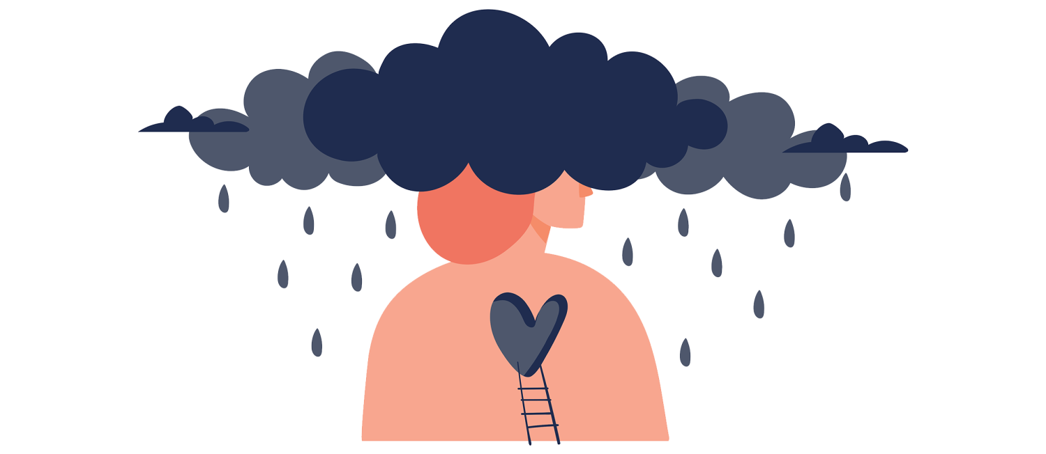 Faceless caregiver with head in the dark, rain storm clouds with a void in their hear.