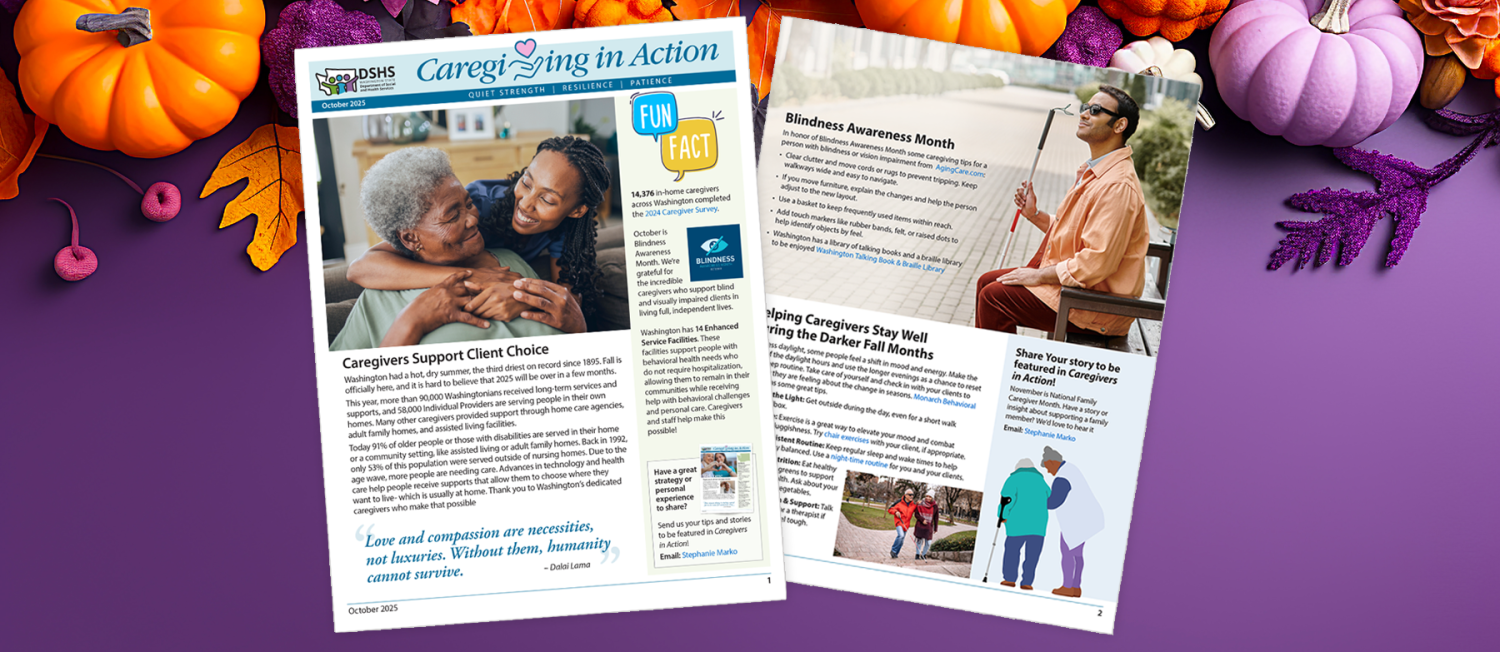 Autumn-themed background with pumpkins and leaves, featuring small thumbnails of newsletter pages.