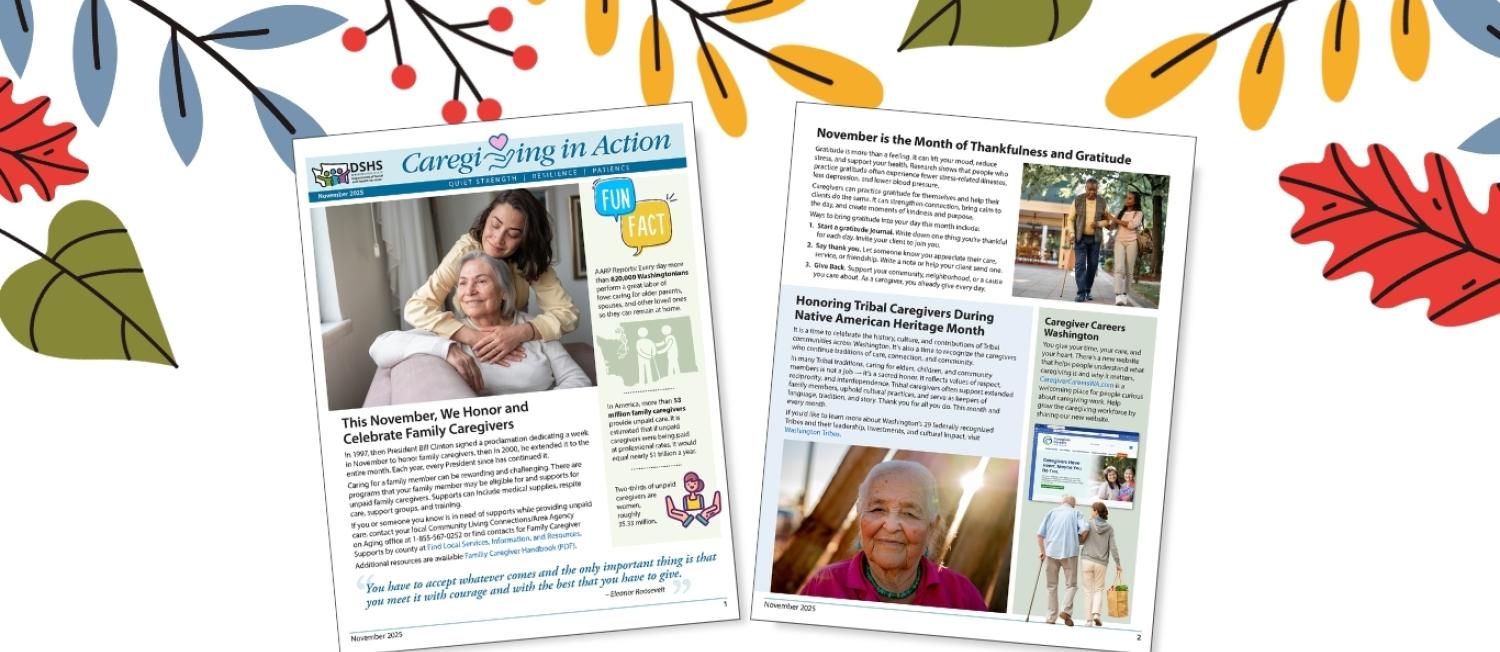 Thumbnails of the Newsletter on fall background.