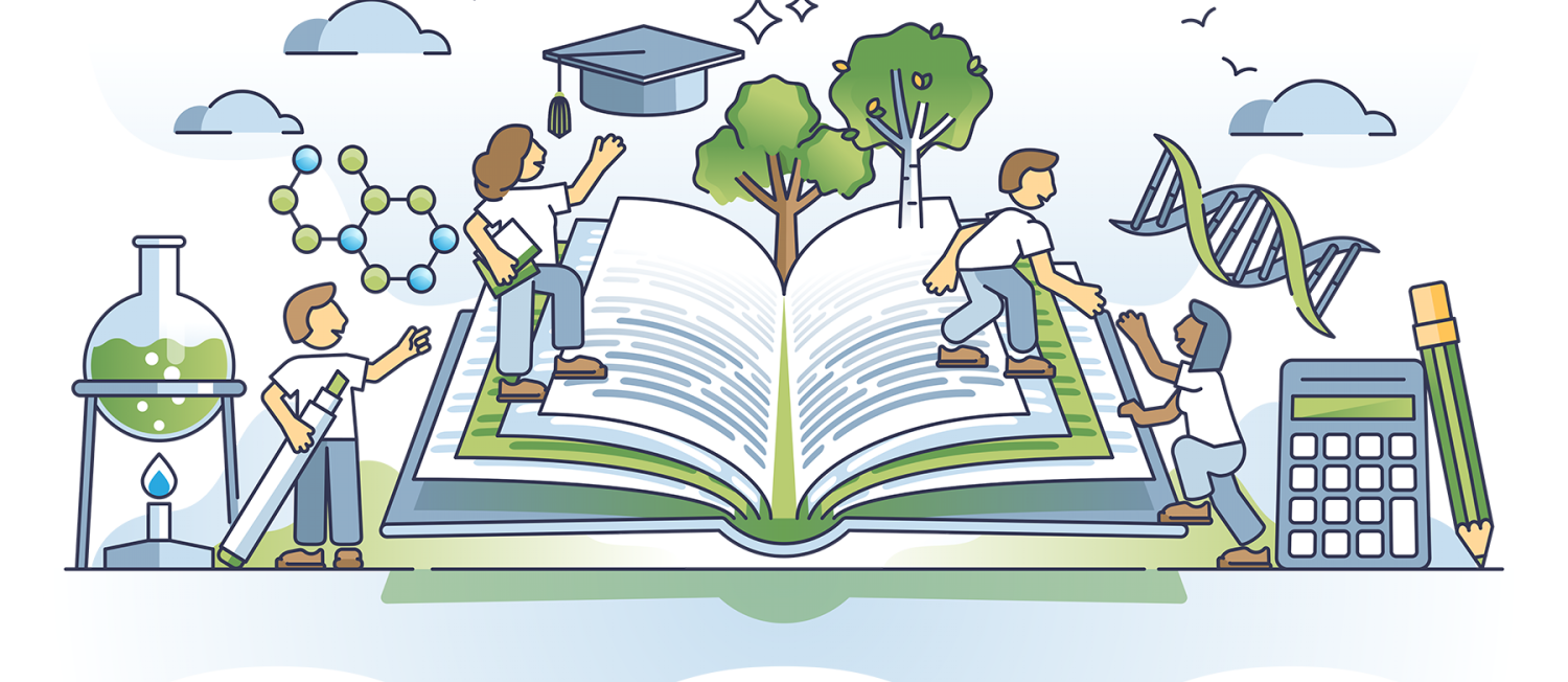 Concept of students learning, they are standing on books with science icons floating around them.