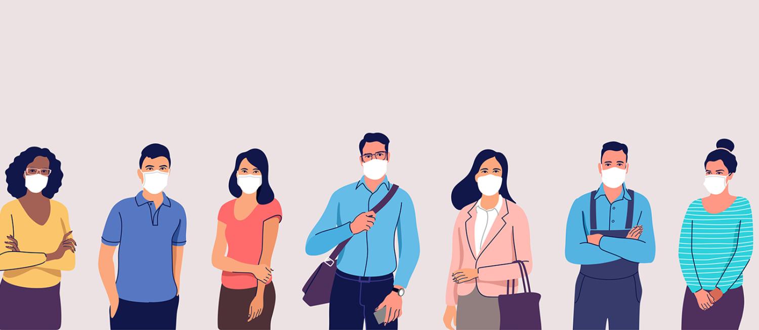 Illustration of a variety of people standing wearing PPE masks.