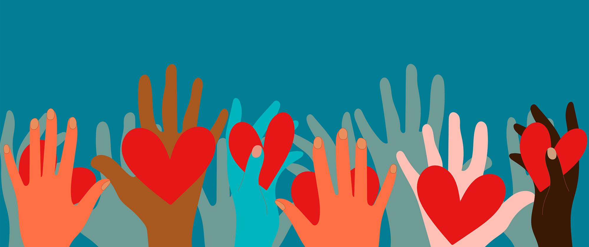 Hands of different skin tones raised against a teal background, each holding or displaying a red heart to show unity and support.
