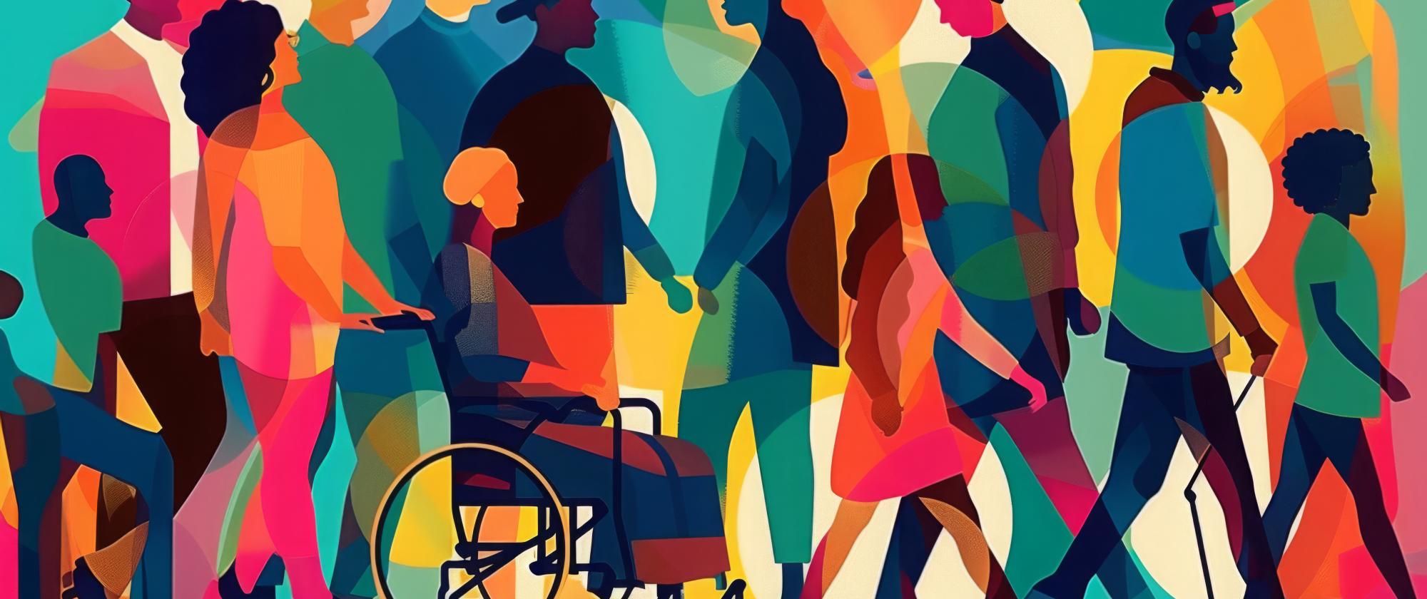 Colorful mix of diverse people in abstract art of bold colors.