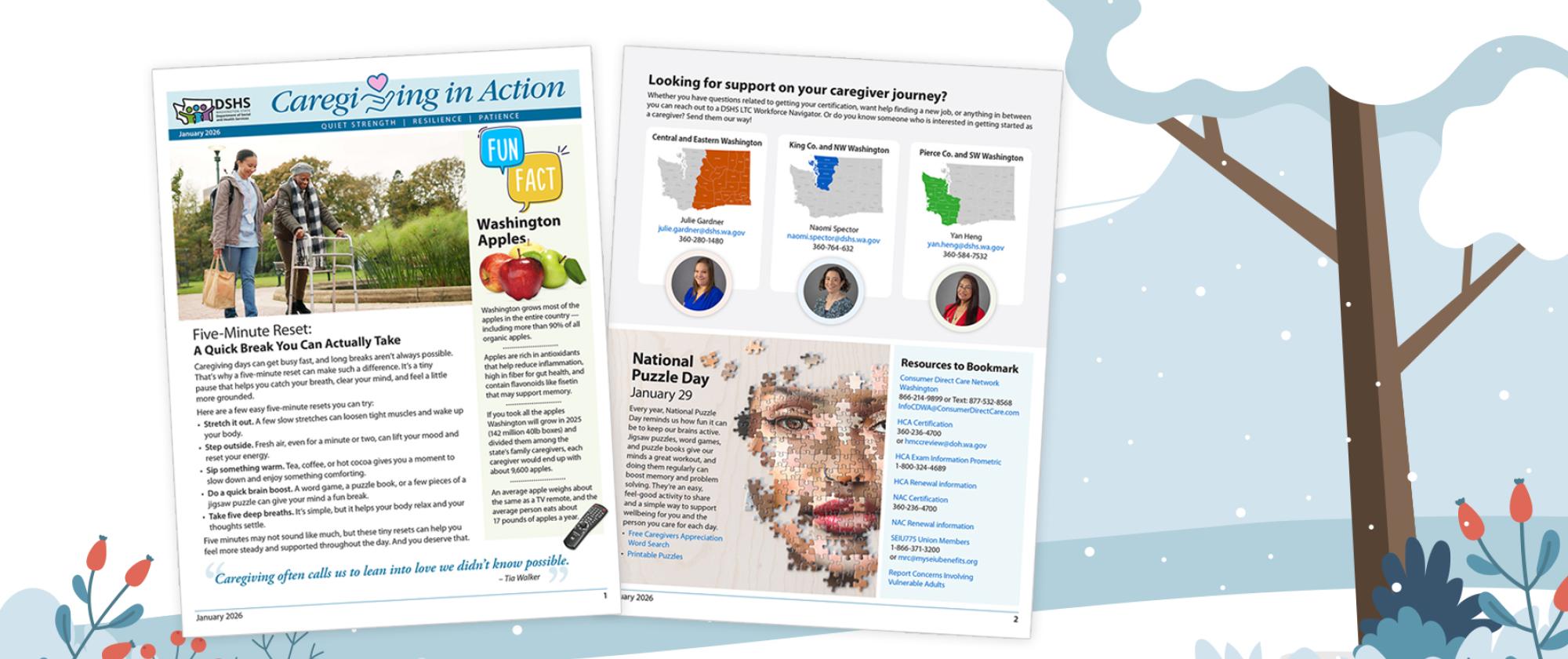 Thumbnail of newsletter over a winter background of snow and trees.