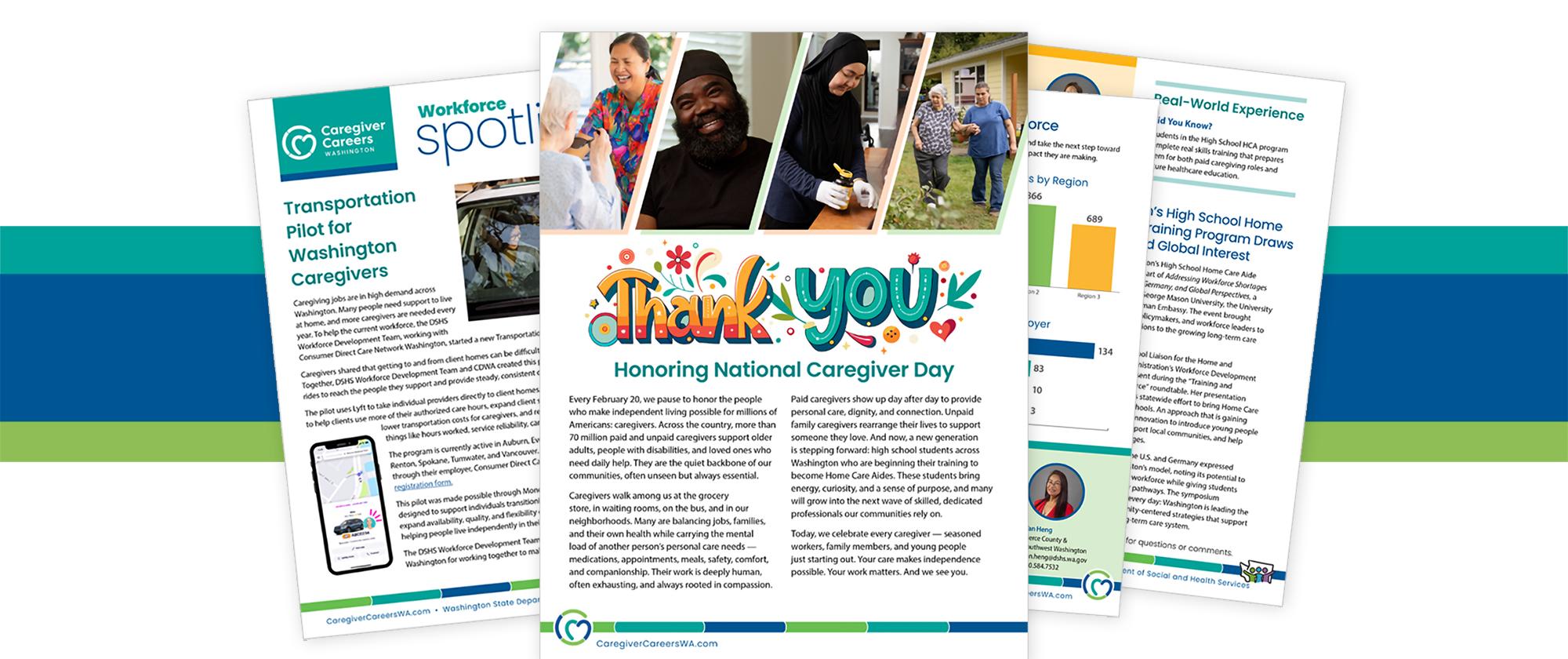 Thumbnails of the newsletter on a blue, teal, and green color bar background.