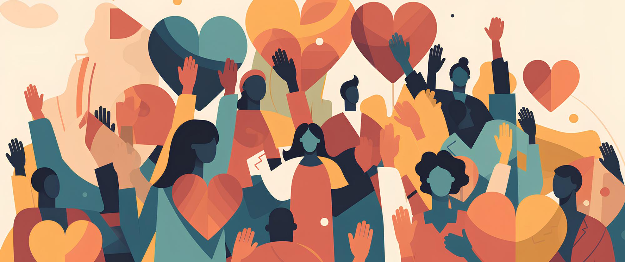 Group of people holding hearts and hands up in the air.