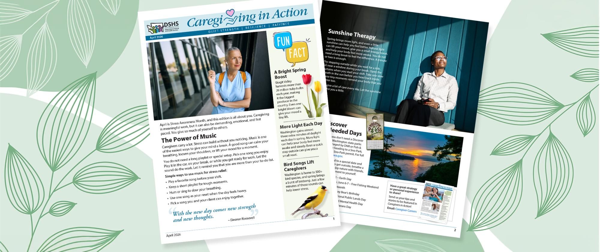 thumbnails of the newsletter on teal leaves background.