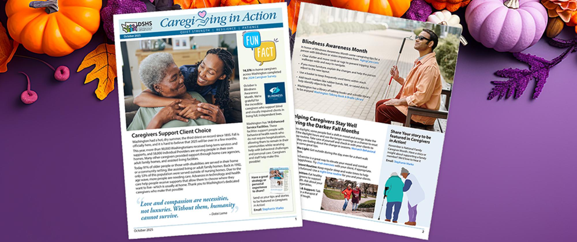 Thumbnail of Newsletter on purple backgroud surrounded by pumpkins.
