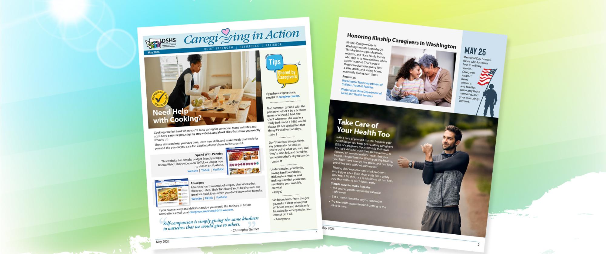 Thumbnails of the newsletter on a yellow, blue and green background.