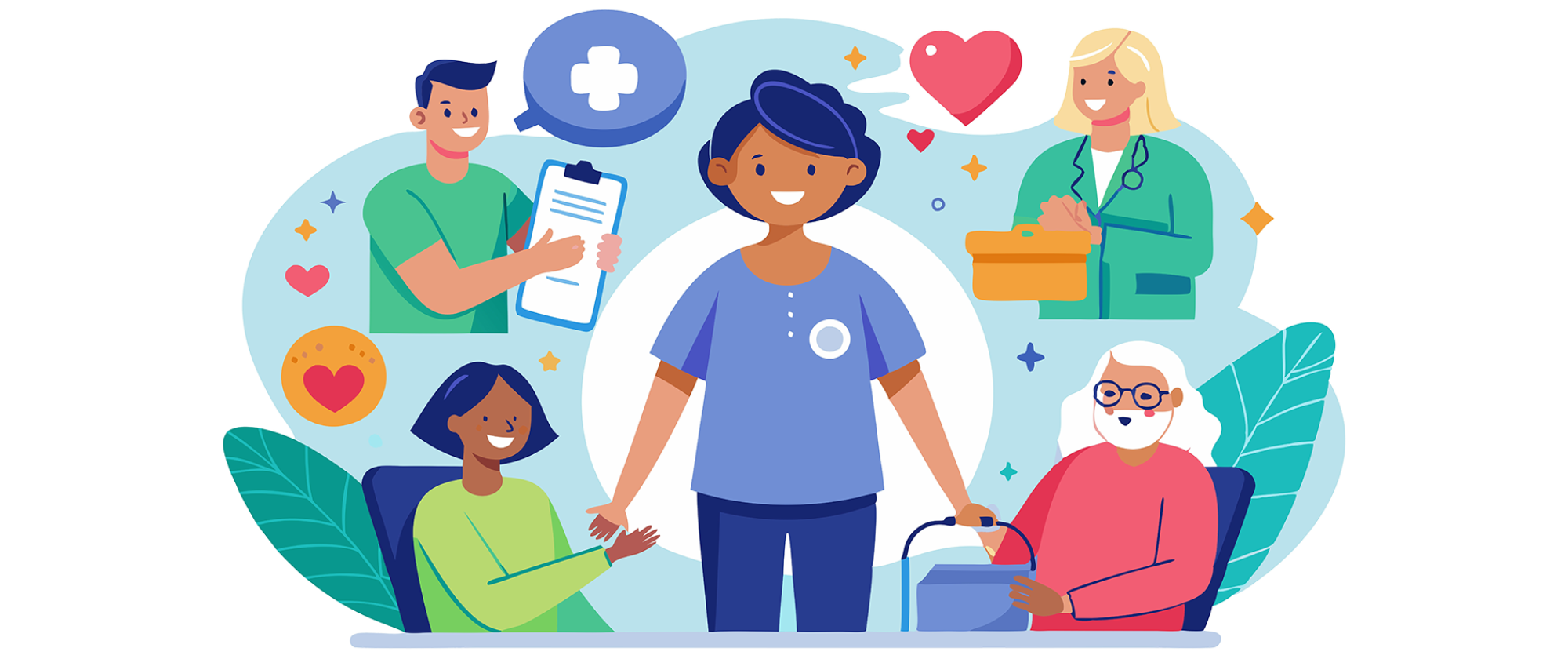 A diverse group of people interacting and engaging in healthcare-related activities.