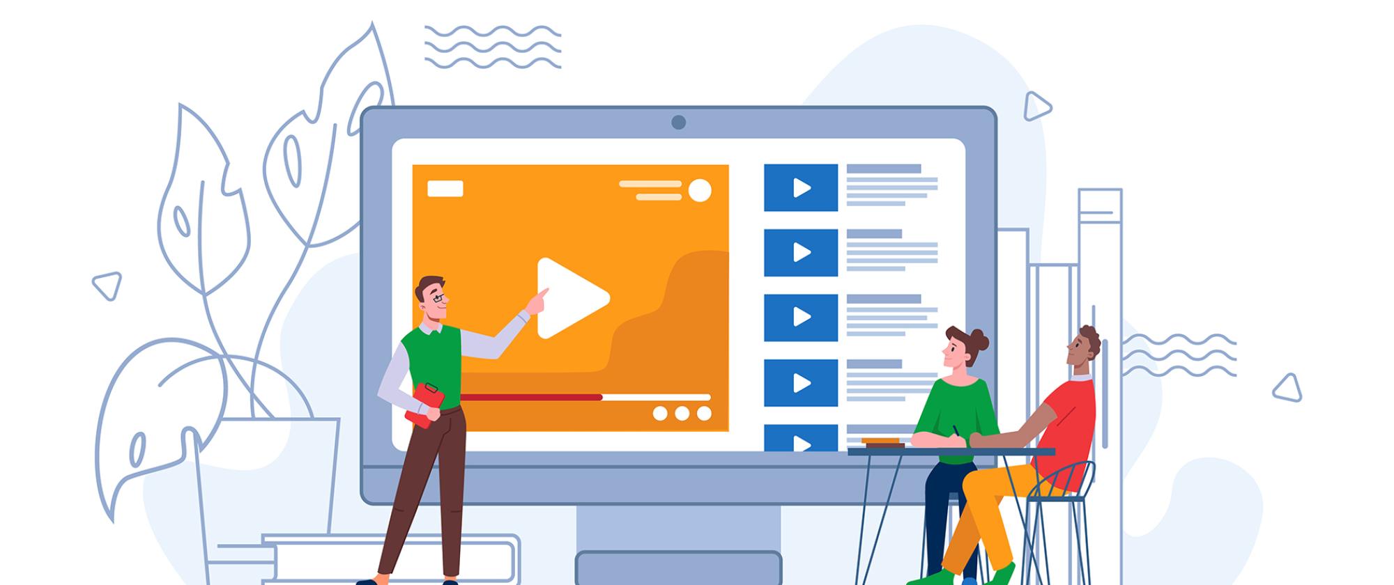 Illustration of a person pointing at a video on a large computer screen, with two individuals seated at a table watching.