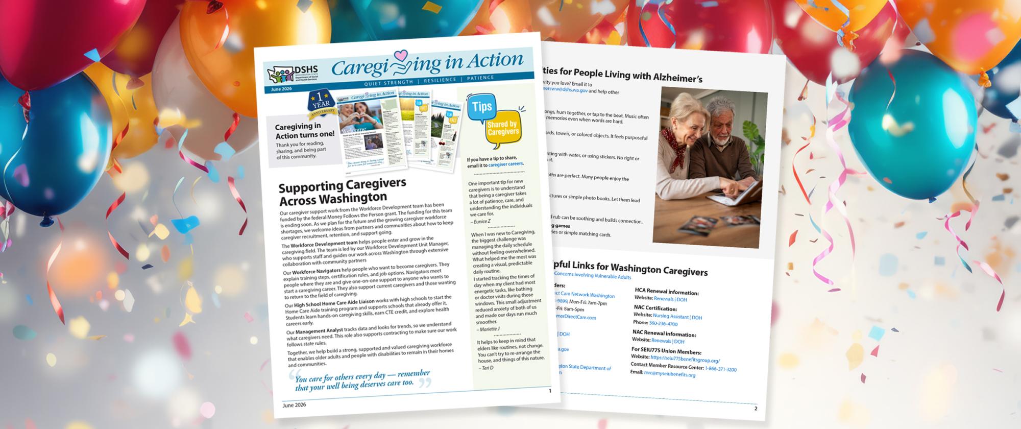 Thumbnails of the June Newsletter on balloon background.