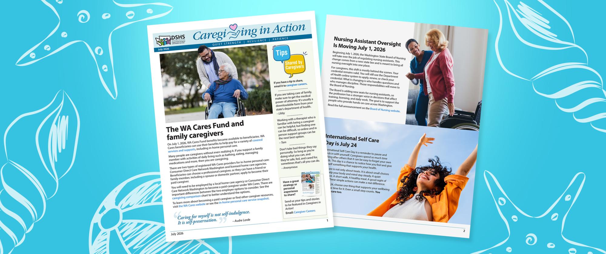 Thumbnails of the newsletter on a blue summer background.