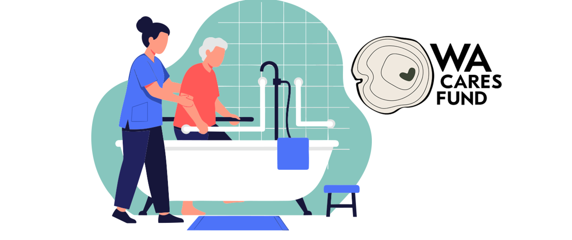 Caregiver helping with a bath and WA Cares Fund Logo